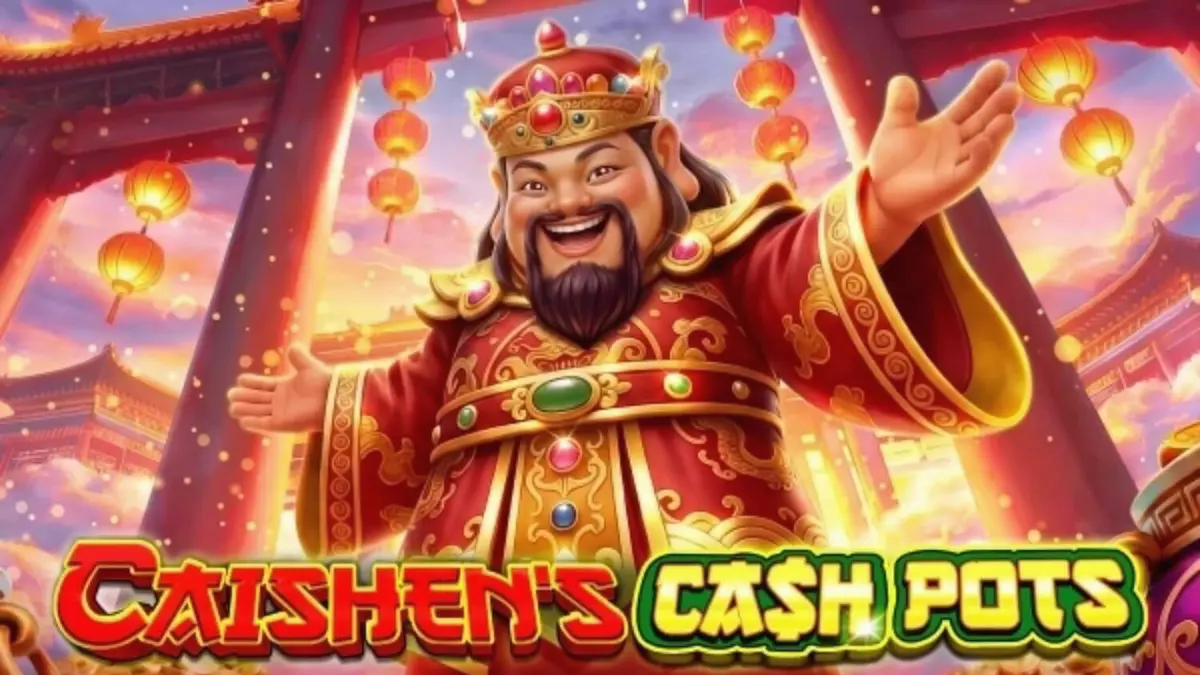 Captura de tela do jogo Caishen's Cash Pots da Pragmatic Play, mostrando símbolos de prosperidade e o Deus da Riqueza, Caishen.