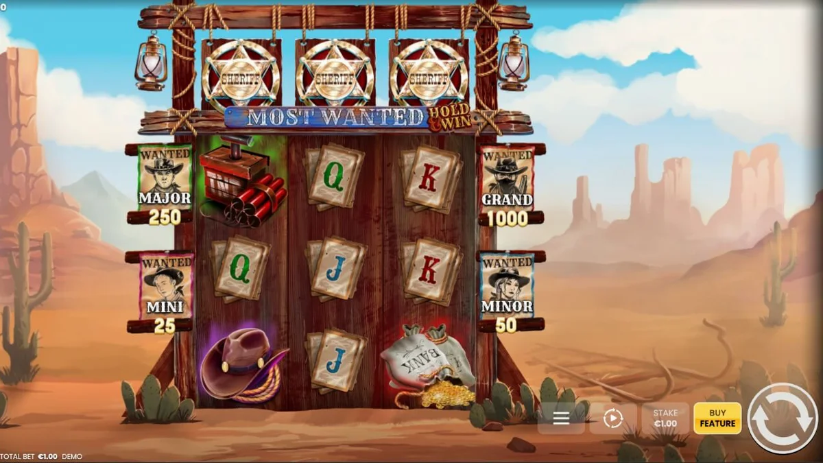 Interface do jogo de slot Most Wanted: Hold & Win com temática de Velho Oeste